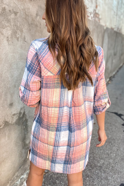 Pink Plaid Roll-tab Sleeve Side Slit Shirt Dress