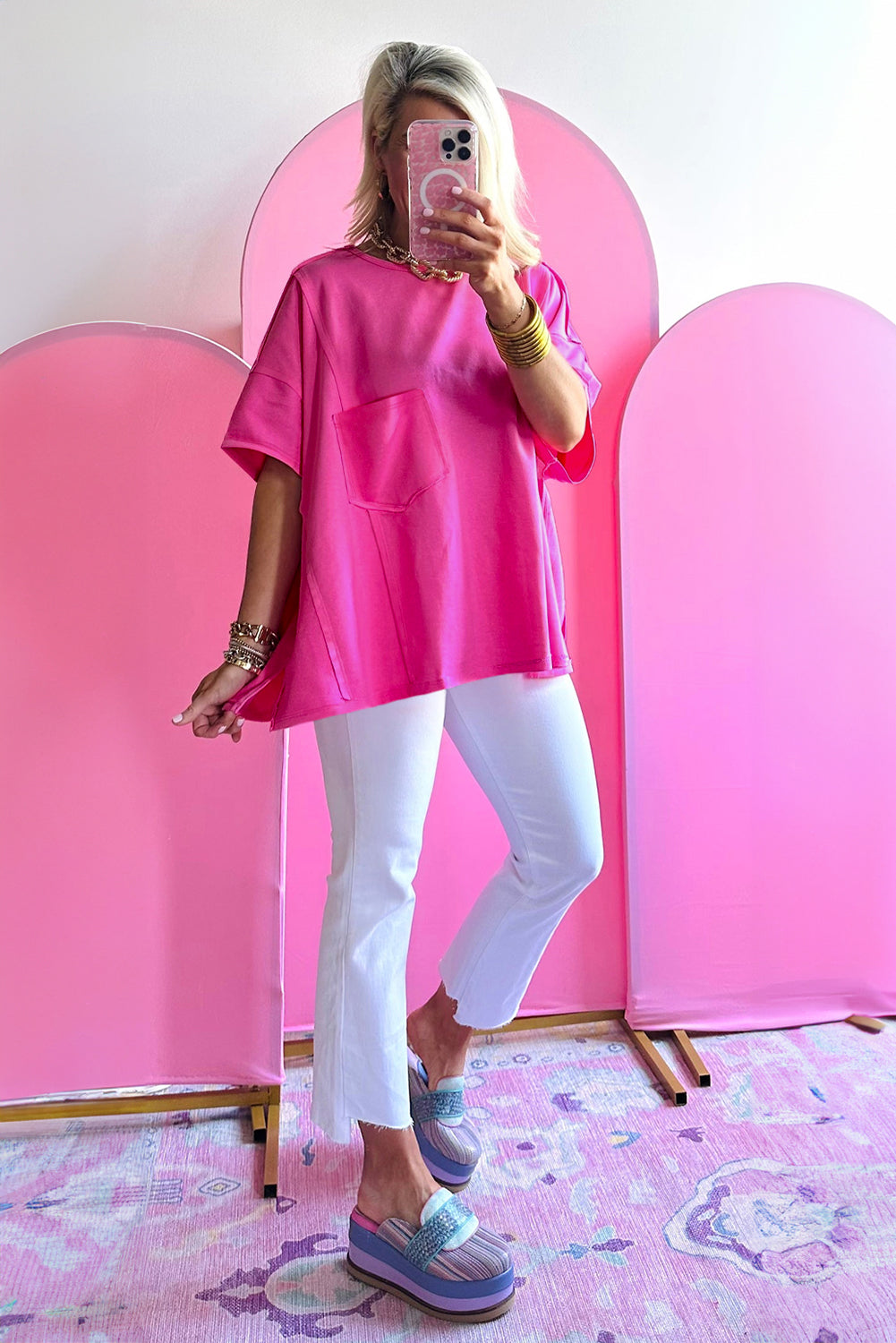 Bright Pink Patched Pocket Exposed Seam Oversize T-shirt