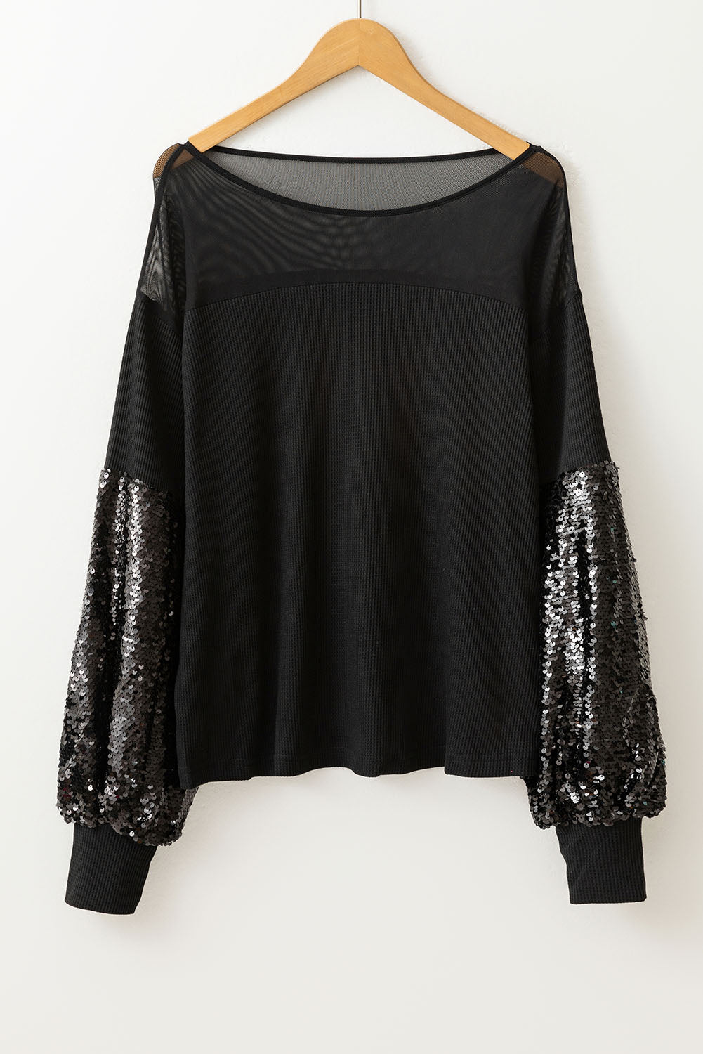 Black Sequin Patchwork Lantern Sleeve Blouse