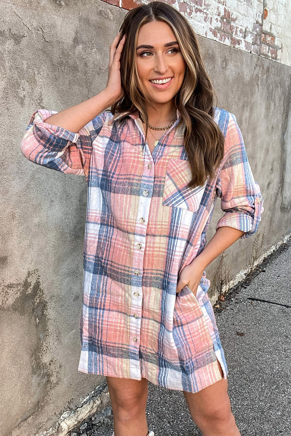 Pink Plaid Roll-tab Sleeve Side Slit Shirt Dress