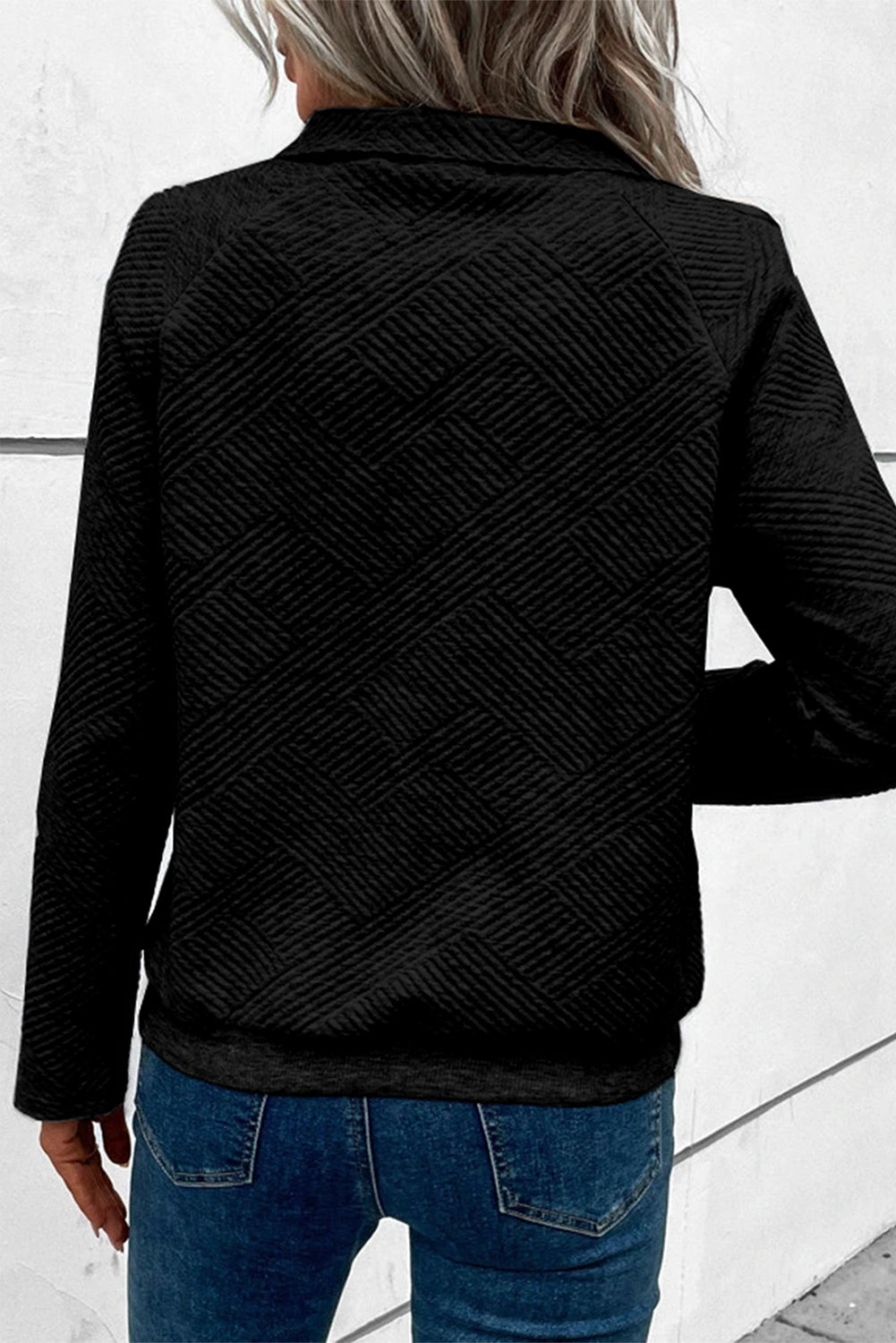 Black Textured Knit Buttoned Kangaroo Pocket Sweatshirt