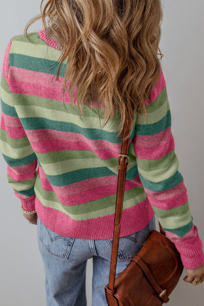 Green Color Block Ribbed Edge Round Neck Sweater