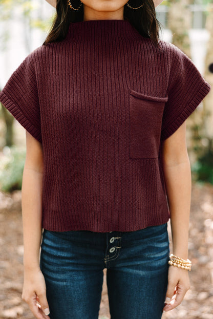 Mineral Red Patch Pocket Ribbed Knit Short Sleeve Sweater