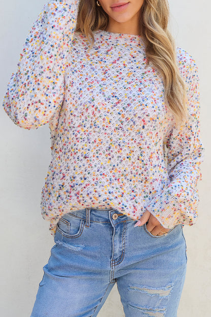 White Confetti Knit Popcorn Sweater Top