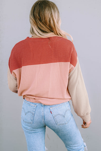 Fiery Red Color Block Long Sleeve Ribbed Loose Top