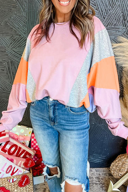 Light Pink Color Block Batwing Sleeve Loose Fit Sweatshirt