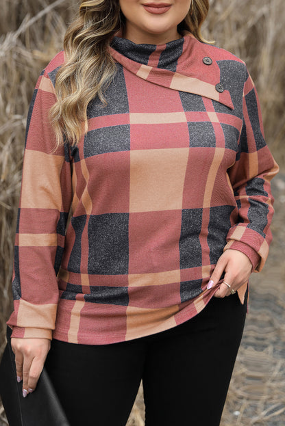 Mineral Red Plus Size Plaid Print Button Decor Asymmetric Neck Top