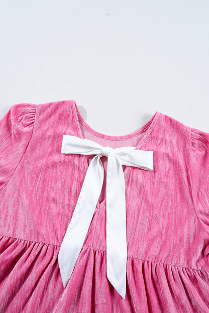 Strawberry Pink Flounce Sleeve Tiered Ruffled Velvet Mini Dress