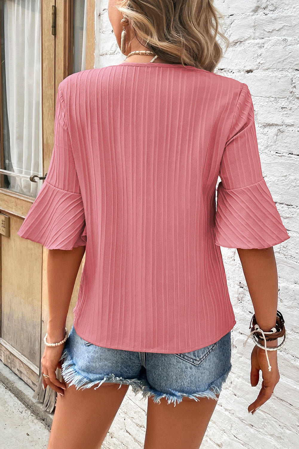 Peach Blossom Ruffled Half Sleeve V Neck Textured Top