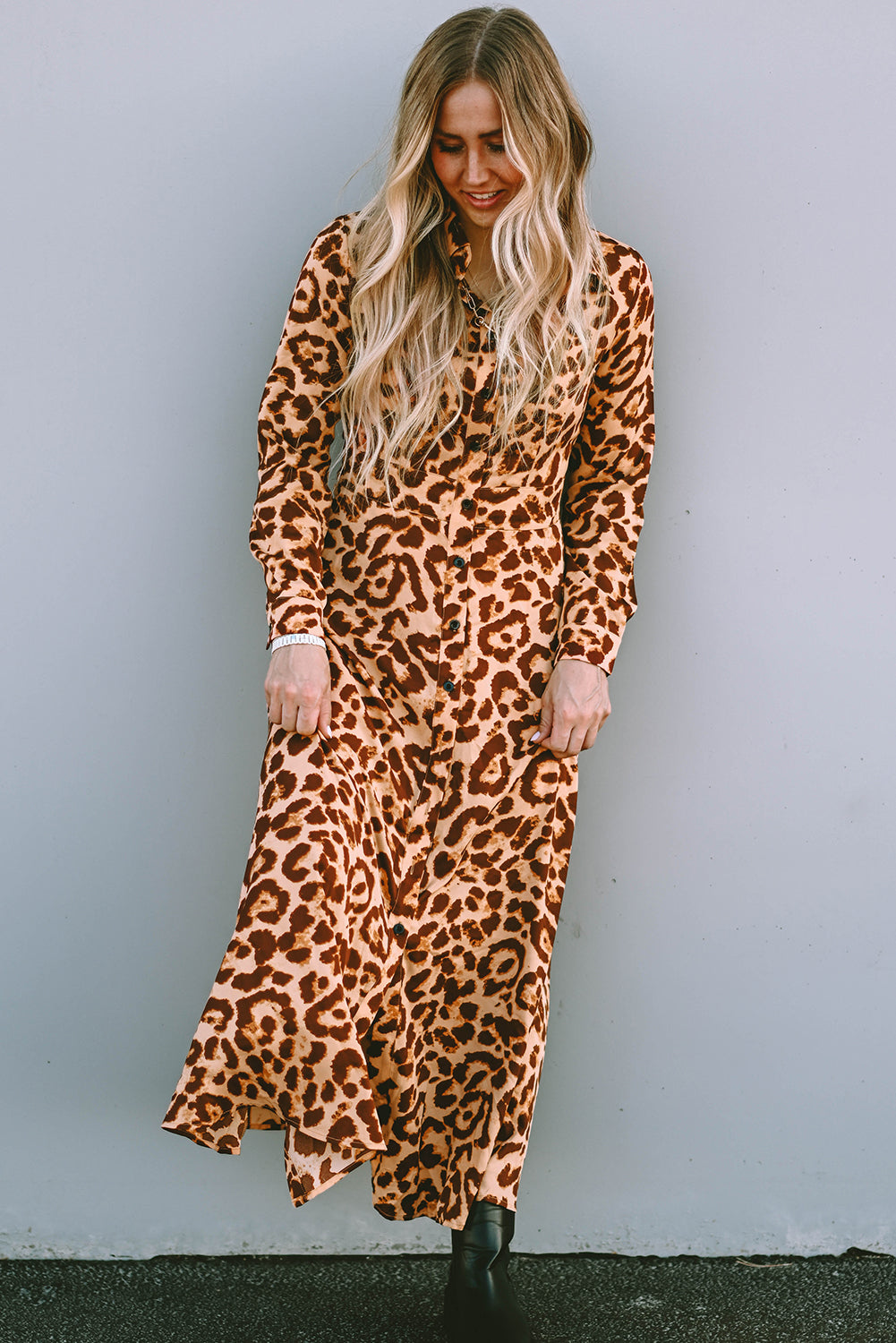 Leopard Button-Up Long Sleeve Maxi Dress