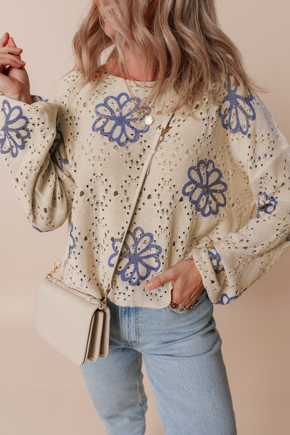 Beige Contrast Flower Print Eyelet Drop Shoulder Sweater