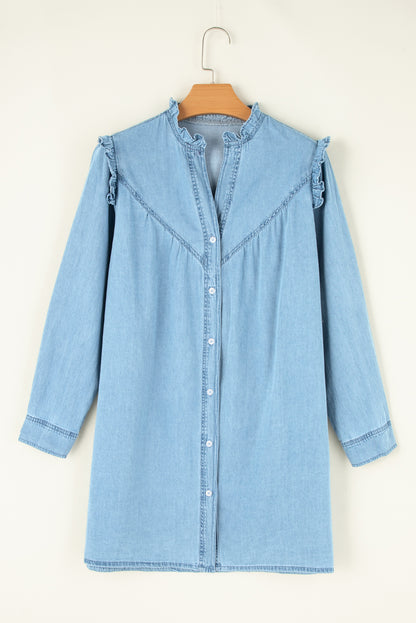 Myosotis Ruffled V Neck Buttoned Shift Denim Dress