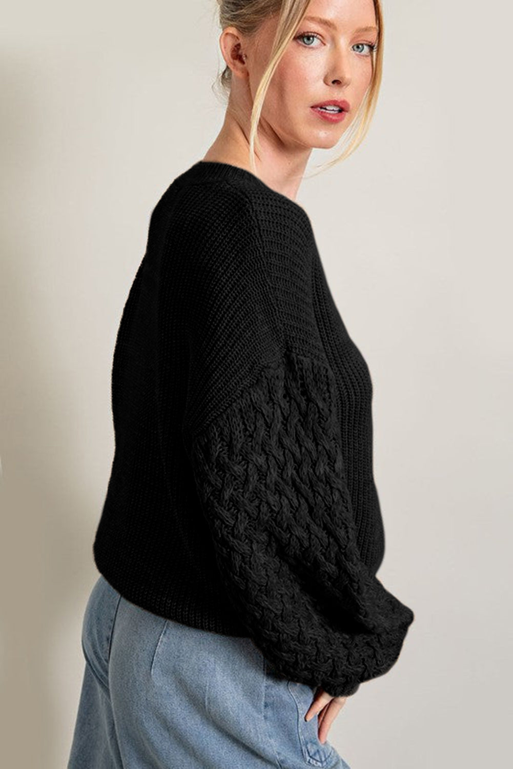 Black Cable Knit Sleeve Drop Shoulder Sweater