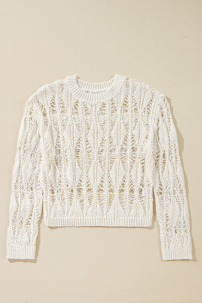 White Cut Out Crochet Crew Neck Loose Fit Sweater