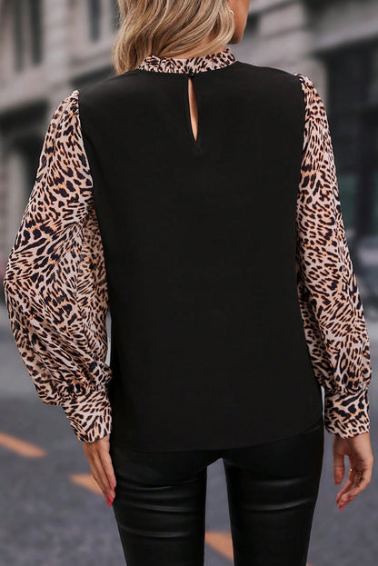 Black Contrast Leopard Print Lantern Sleeve Blouse