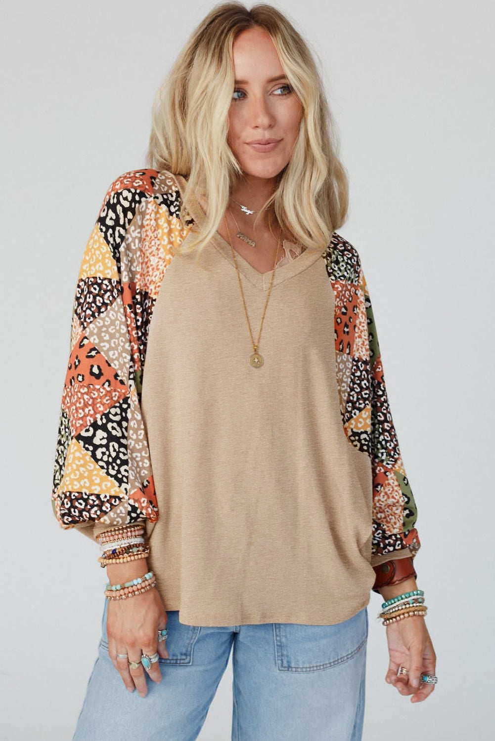 Parchment Contrast Printed Raglan Sleeves Patchwork V Neck Loose Top