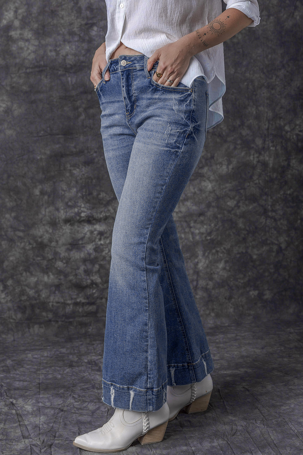 Sky Blue Slight Distressed Medium Wash Flare Jeans