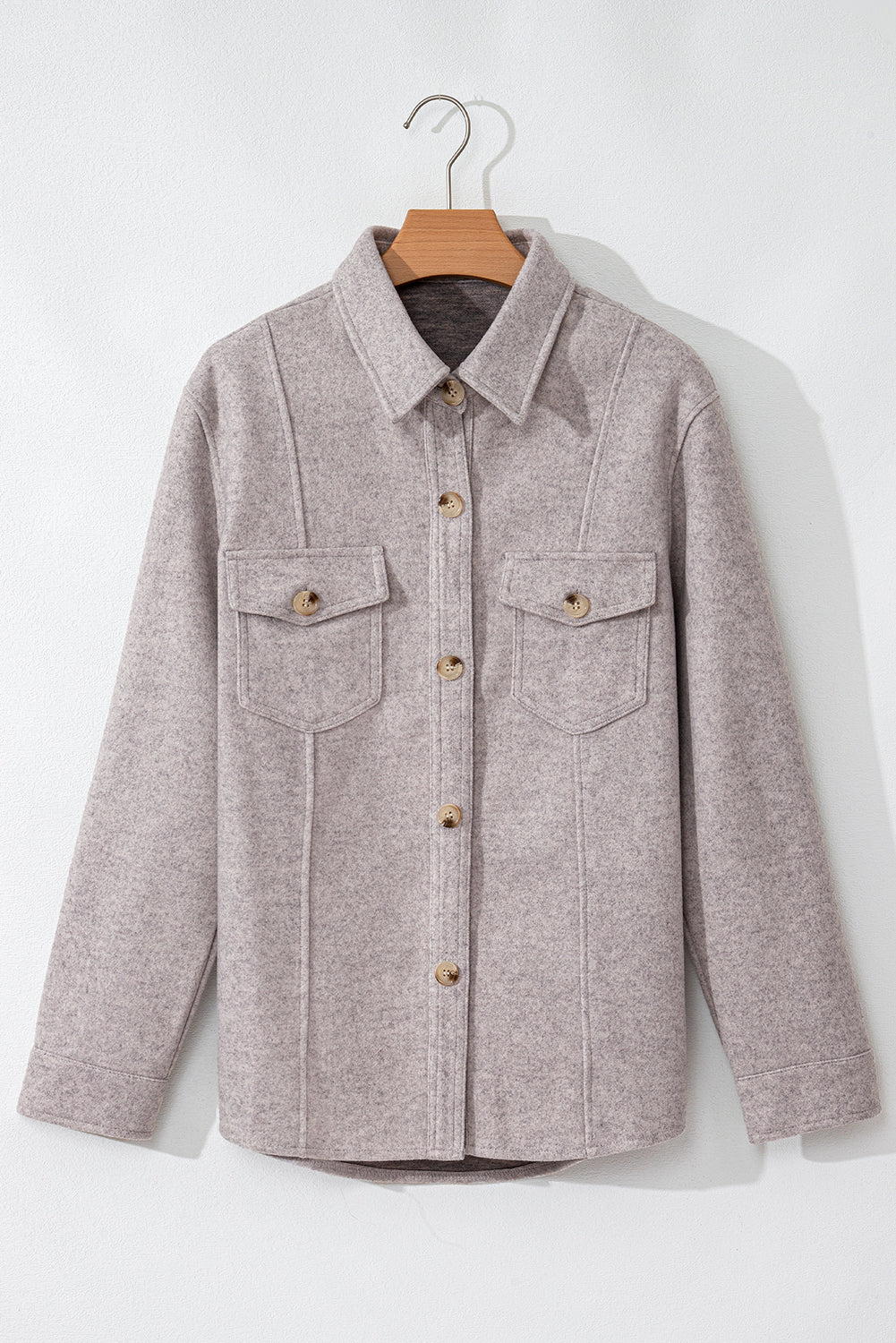 Light Grey Turn Down Collar Flap Pockets Buttoned Shacket