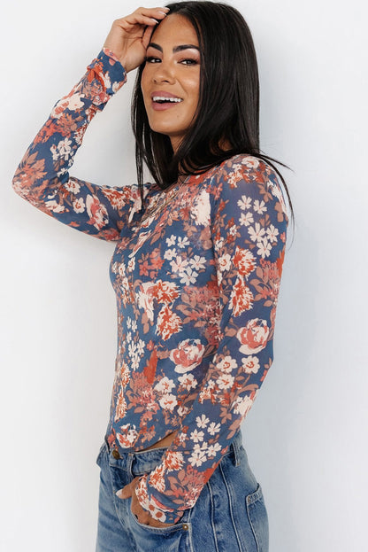 Orchid Petal Floral Print Mesh Fitted Long Sleeve Top