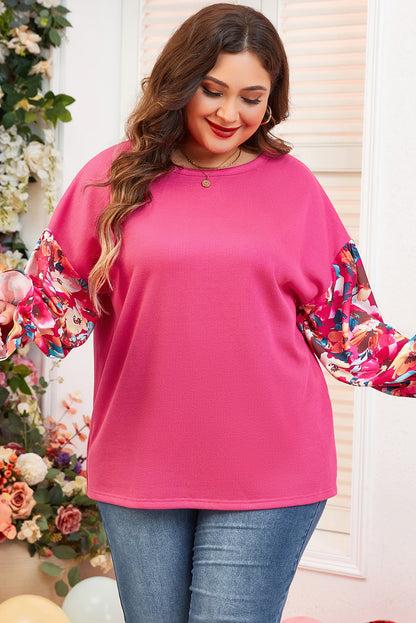 Bright Pink Floral Patchwork Flounce Sleeve Rib Knit Plus Top