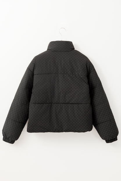 Black Checkerboard Full Zipper Puffer Jacket