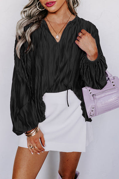 Black Textured Bubble Sleeve V Neck Loose Blouse