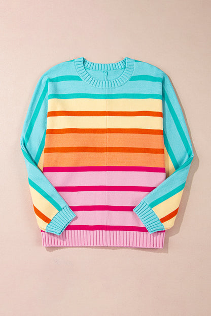 Yellow Stripe Gradient Striped Ribbed Edge Loose Sweater