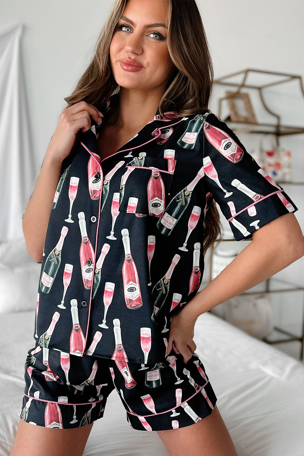 Black Champagne Print Silky Short Sleeve Pajamas Set