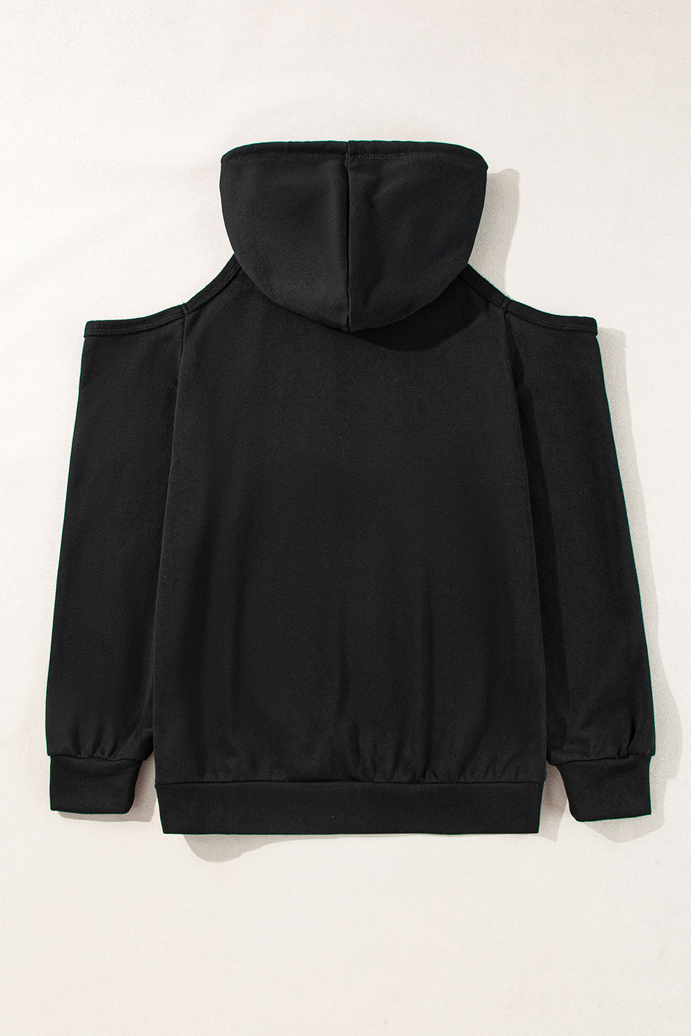 Black Exposed Seam Cold Shoulder Drawstring Hoodie