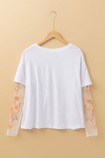 White Faux Two Piece Floral Long Sleeve Patchwork Tee