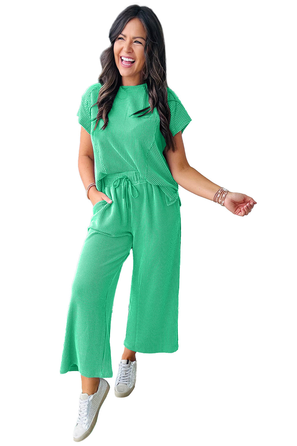 Blue Solid Corded Knit Short Sleeve T Shirt and Wide Leg Pants Set