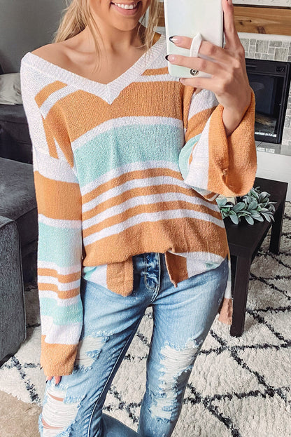 Multicolor Colorblock Stripe Long Sleeve Split Sweater