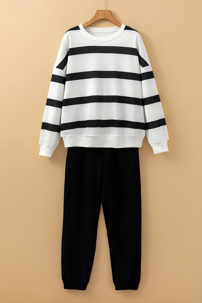 Brown Stripe Striped Drop Shoulder Pullover and Jogger Pants Set