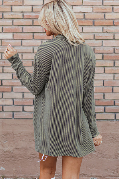 Moss Green Corded Open Front Knit Cardigan