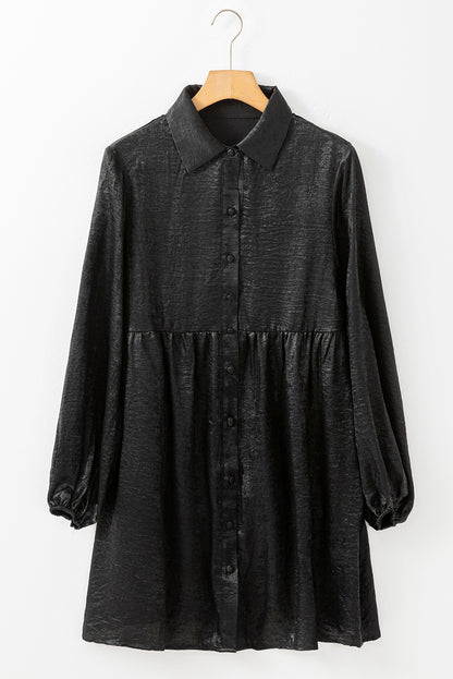 Black Metallic Sheen Puff Sleeve Button Up Mini Shirt Dress