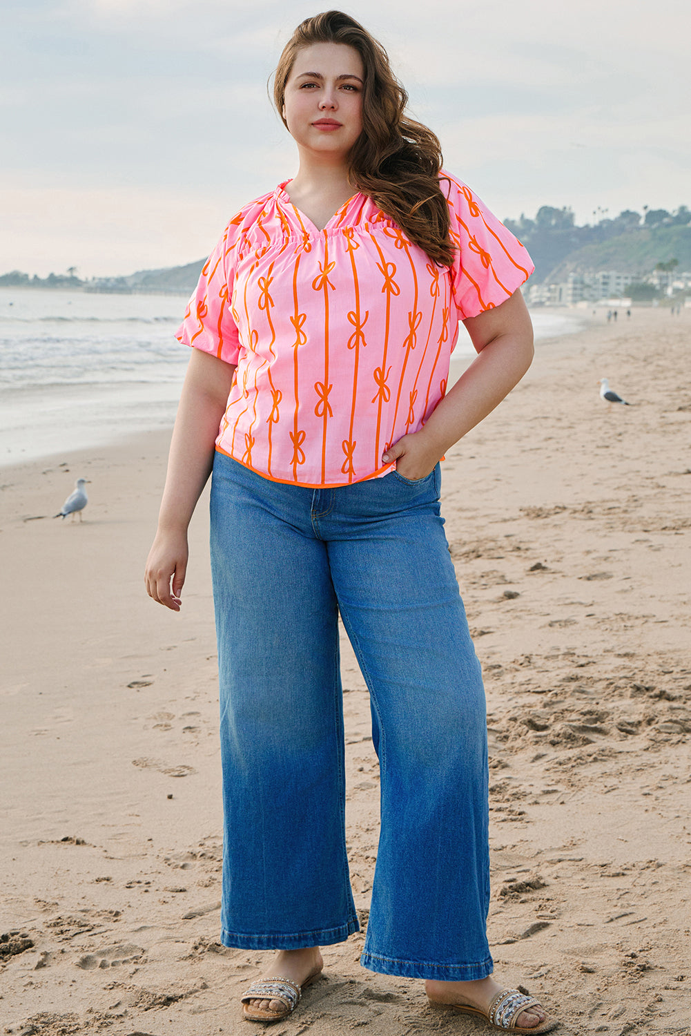 Rose Bowknot Print Shirred V Neck Puff Sleeve Plus Size Blouse