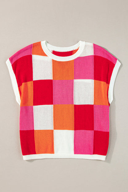 Fiery Red Color Block Cap Sleeve Sweater