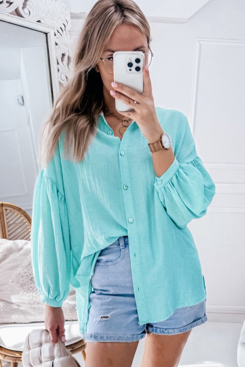 Iceland Blue Solid Puff Sleeve Loose Fit Buttoned Shirt