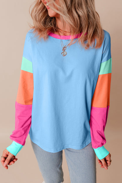 Dark Blue Colorblock Patchwork Long Sleeve Loose Top