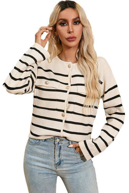 Black Stripe Flap Pocket Buttoned Cardigan Sweater