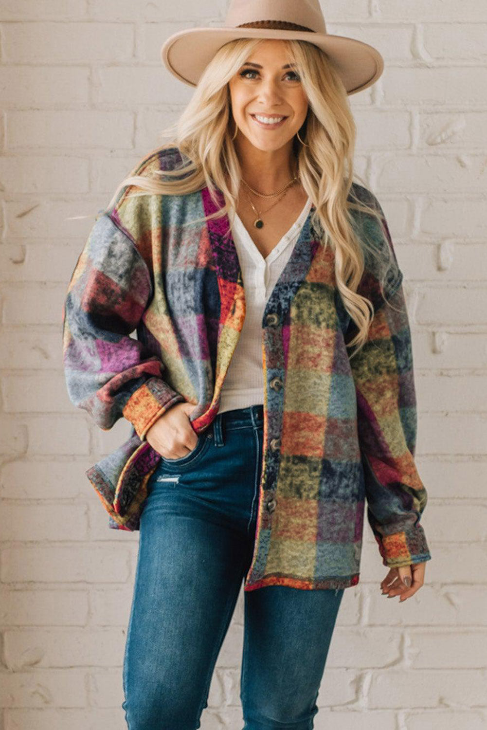 Multicolor Brushed Checked Western Buttoned Jacket