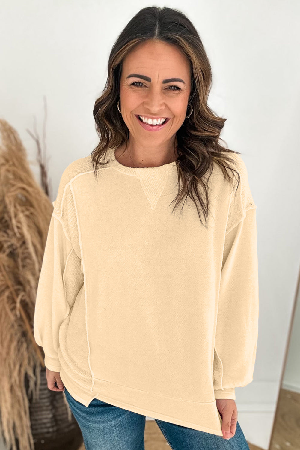 Beige Splicing Round Neck Pullover Sweatshirt