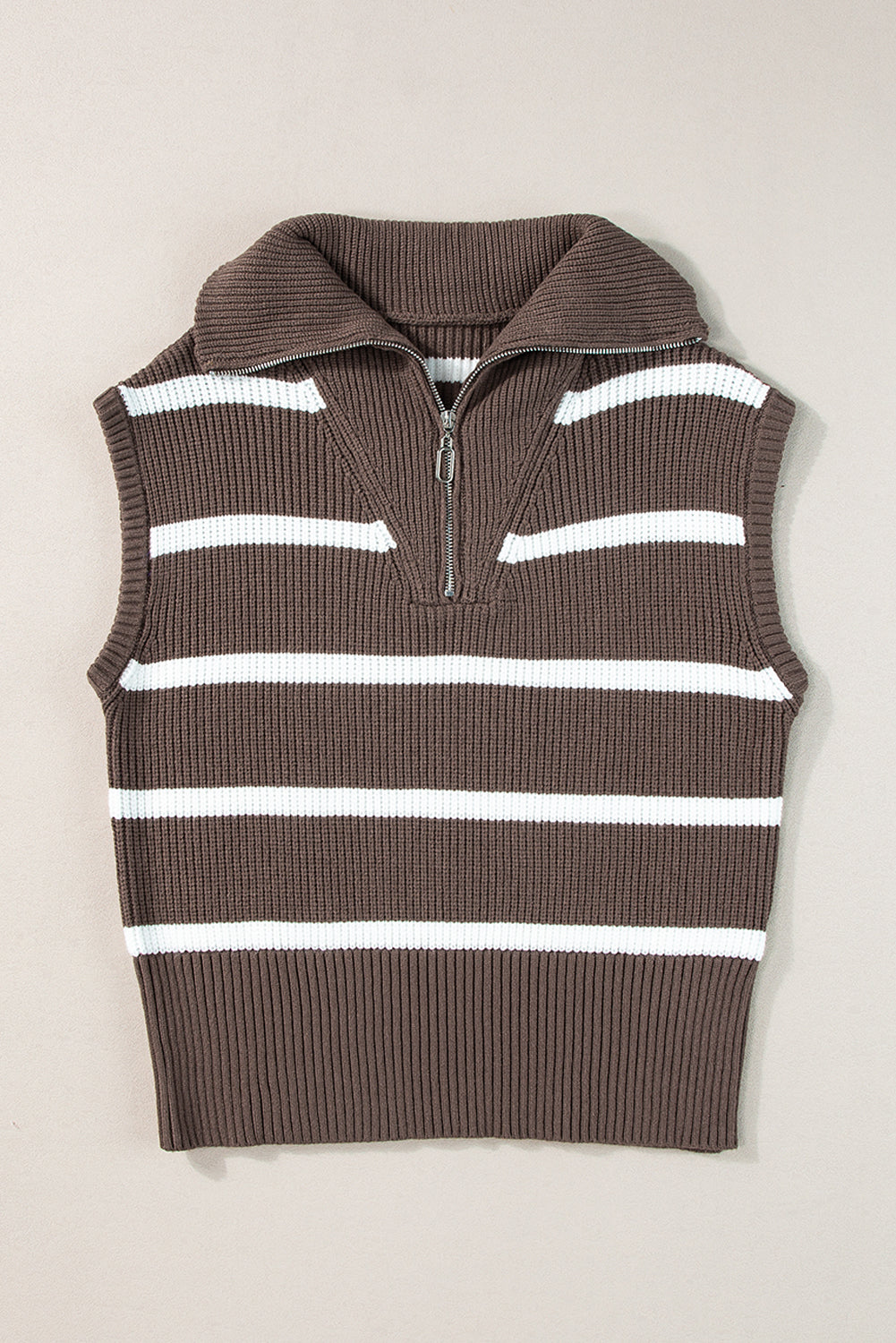 Brown Stripe Zipped Collar Cap Sleeve Knit Top