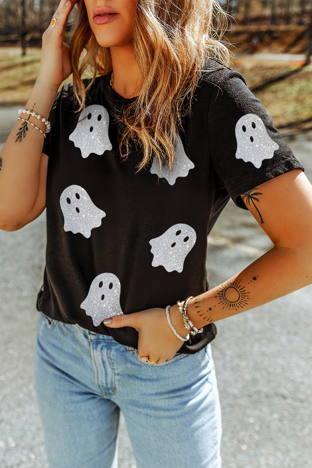 Black Glitter Ghost Pattern Crew Neck Halloween T Shirt