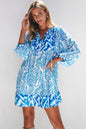 Sky Blue Bohemian Print Puff Sleeve Tied V Neck Flared Mini Dress