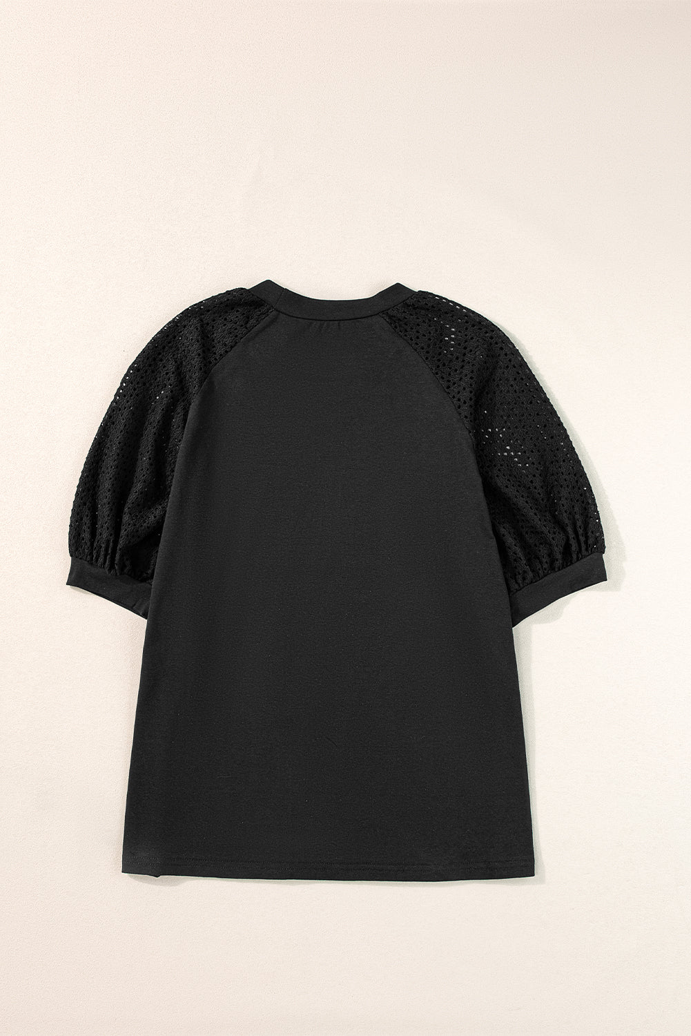 Black Pointelle Lace Half Sleeve Crew Neck Tee