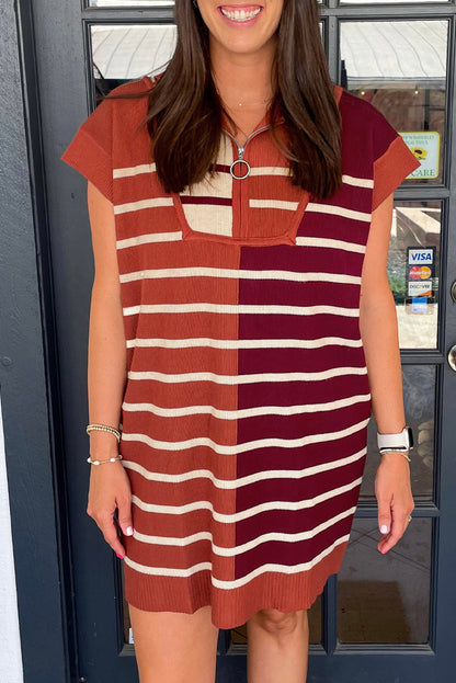 Khaki Stripe Color Block Quarter Zip Collar Short Sleeve Sweater Dress