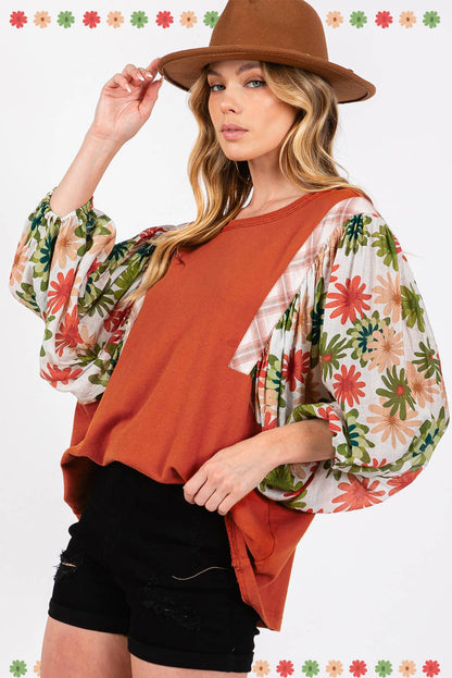 Desert Gold Floral Puff Sleeve Patchwork Round Neck Blouse