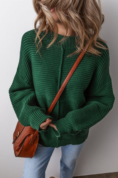 Blackish Green Textured Knit Crewneck Lantern Sleeve Sweater