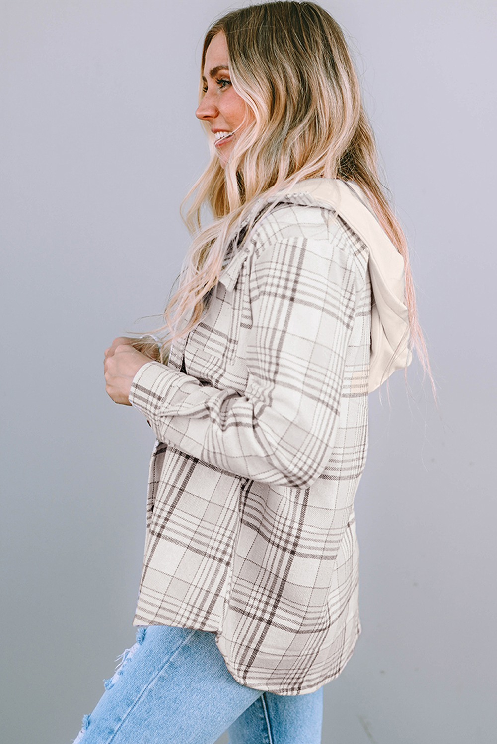 Khaki Plaid Removable Hood Buttoned Shacket